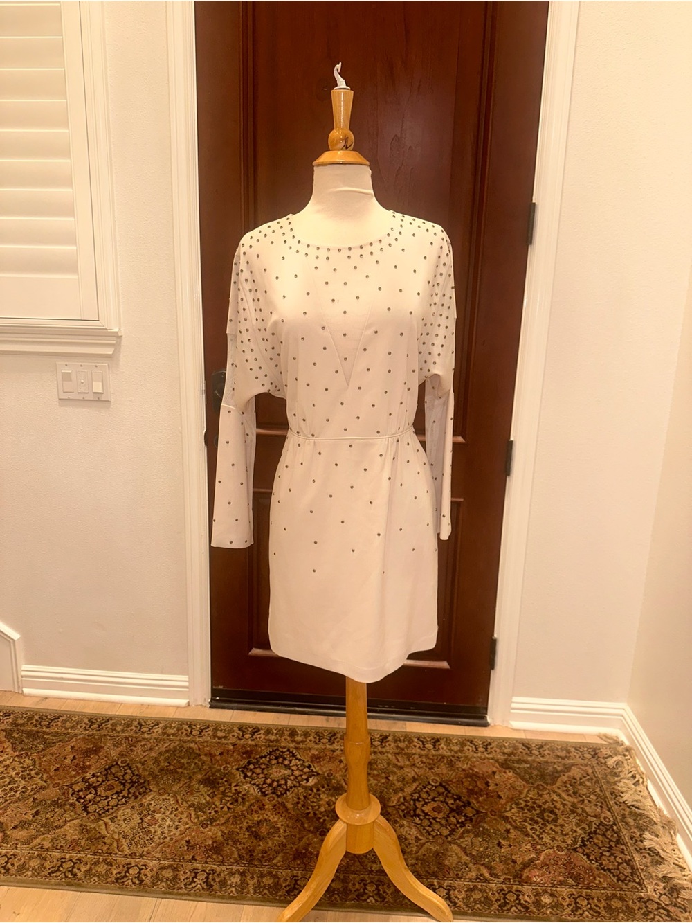BCBGMaxAzria White Studded Long-Sleeve Shift Dress